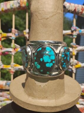 Turquoise Stone Silver Cuff Bracelet - Blue Turquoise